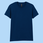 A classic short-sleeve crewneck t-shirt in solid navy blue, displayed flat against a solid light blue background.