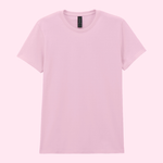 A light pink short-sleeve crewneck t-shirt displayed flat against a matching light pink background.