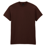 A dark brown short-sleeve crewneck t-shirt displayed flat against a solid white background.