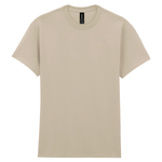 A plain beige short-sleeve crewneck t-shirt shown flat against a white background.