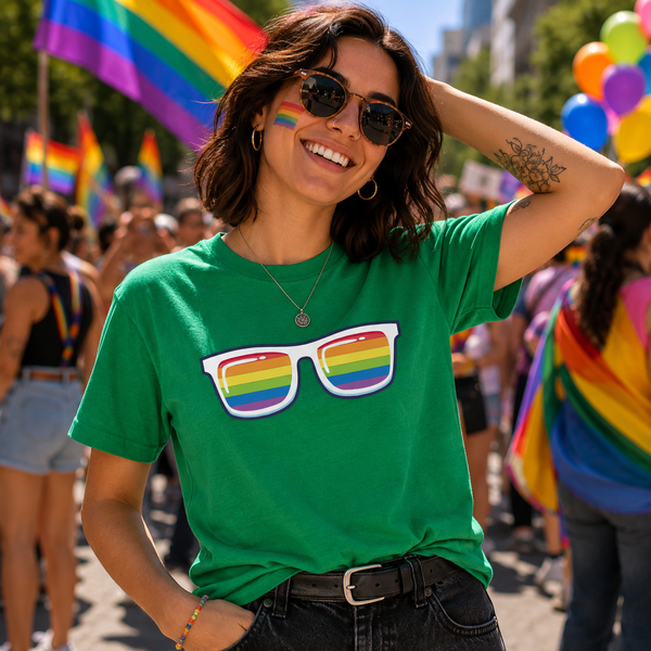 A woman at a pride parade wearing a bright green t-shirt with a graphic of rainbow-striped sunglasses, surrounded by other participants and rainbow flags.