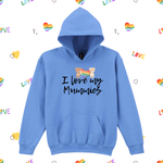 A light blue pullover hoodie with a graphic print on the front. The graphic features two cartoon teddy bears holding a rainbow and the text 'I love my Mummies' in black script.