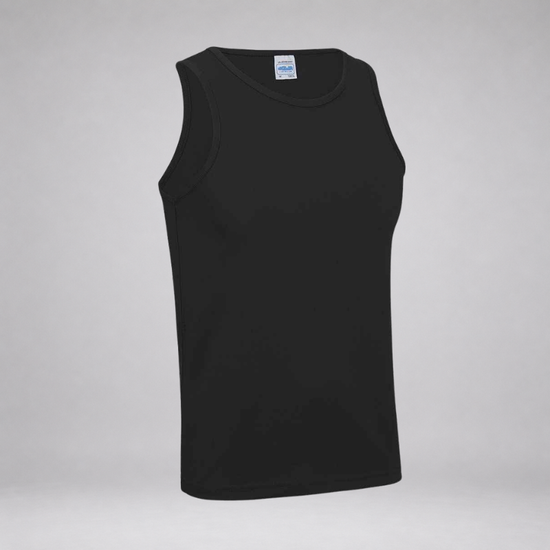 A black sleeveless athletic tank top displayed on a light gray background.