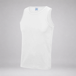 A plain white sleeveless tank top displayed on a light gray background.