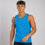 A man wearing a bright blue athletic tank top, shown from the waist up against a light gray studio background.