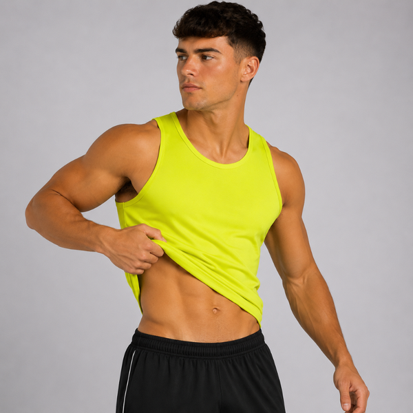 A muscular man wearing a bright neon yellow athletic tank top and black athletic shorts, lifting the hem of the tank top to show off the fit against a solid gray background.