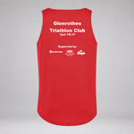 A red sleeveless tank top shown from the back, featuring white printed text that reads 'Glenrothes Triathlon Club' and 'Support by: Ride Like a Shop', 'Balestine Baths', and 'Wigan Triathlon'.