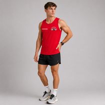 A man modeling a red sleeveless athletic tank top with a custom name print and logo on the chest, paired with black athletic shorts, white socks, and running shoes against a gray studio background.