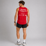A man is shown from behind wearing a red athletic tank top with white text that reads 'Glenrothes Triathlon Club' and 'Run 70.5 mi', paired with black shorts, white socks, and running shoes against a light gray studio background.