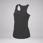 A black racerback tank top displayed on an invisible mannequin against a light gray studio background.
