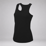 A black sleeveless racerback tank top displayed on an invisible mannequin against a light gray studio background.