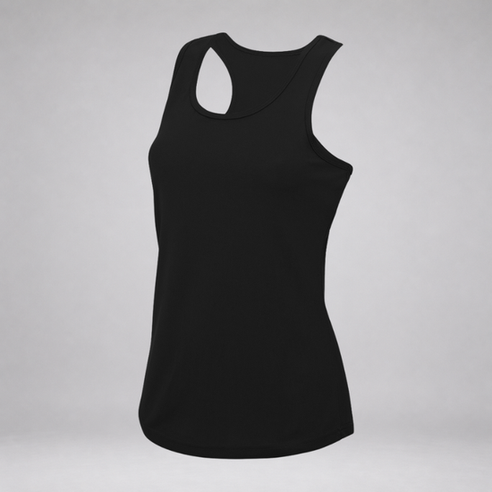 A black sleeveless racerback tank top displayed on an invisible mannequin against a light gray studio background.
