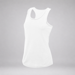A white sleeveless racerback tank top displayed on a ghost mannequin against a neutral gray background.