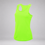 A bright neon green racerback tank top displayed on an invisible mannequin against a neutral gray background.