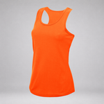 A bright orange racerback tank top displayed on an invisible mannequin against a neutral gray background.