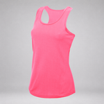 A bright pink sleeveless tank top with a racerback design and a keyhole cutout at the neckline, displayed on a neutral gray background.