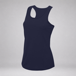 A dark navy blue racerback tank top displayed on an invisible mannequin against a light gray studio background.