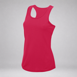 A bright pink racerback tank top displayed on an invisible mannequin against a neutral gray background.