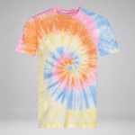 A short-sleeve crewneck t-shirt featuring a vibrant spiral tie-dye pattern in orange, pink, blue, and yellow, displayed against a neutral gray background.
