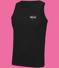 JC007 - Black Front. sleeveless tank top with a crew neck, made from Neoteric textured fabric with inherent wickability, UPF 30+ UV protection, self-fabric bound neckline and armholes, twin-needle curved drop hem, and a tear-out label. Featuring the text 