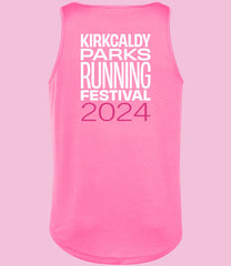 JC007 - Electric pink Back. sleeveless tank top with a crew neck, made from Neoteric textured fabric with inherent wickability, UPF 30+ UV protection, self-fabric bound neckline and armholes, twin-needle curved drop hem, and a tear-out label. Featuring the text 