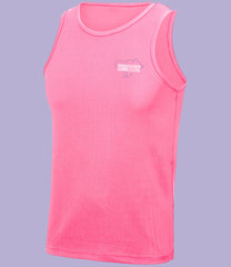 JC007 - Electric Pink Front. sleeveless tank top with a crew neck, made from Neoteric textured fabric with inherent wickability, UPF 30+ UV protection, self-fabric bound neckline and armholes, twin-needle curved drop hem, and a tear-out label. Featuring the text 