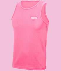 JC007 - Electric Pink Front. sleeveless tank top with a crew neck, made from Neoteric textured fabric with inherent wickability, UPF 30+ UV protection, self-fabric bound neckline and armholes, twin-needle curved drop hem, and a tear-out label. Featuring the text 