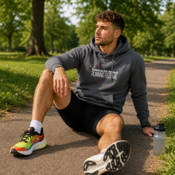 A man sitting on a paved path in a park wearing a dark Gray hoodie with 'KIRKGALEY PARKS RUNNING FESTIVAL' printed on the chest, black athletic shorts, and colourful running shoes, with a water bottle beside him.