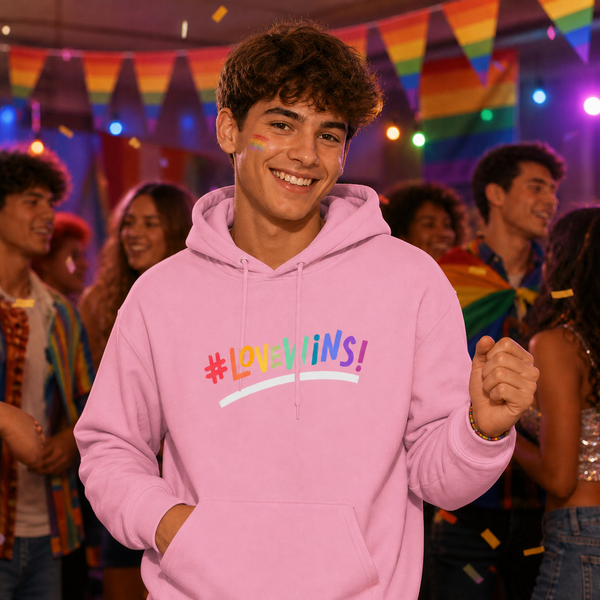A smiling young man at a party wears a light pink hoodie with the rainbow text '#LOVEWINS!' across the chest. The background shows a colorful, festive atmosphere with rainbow bunting, confetti, and other people.