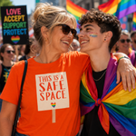 Two smiling people embracing at a pride parade. The woman wears an orange T-shirt with a sign that reads “THIS IS A SAFE SPACE” and a small rainbow heart.