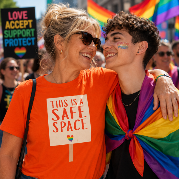 Two smiling people embracing at a pride parade. The woman wears an orange T-shirt with a sign that reads “THIS IS A SAFE SPACE” and a small rainbow heart.