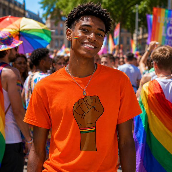 A smiling young man at a pride parade wearing a bright orange t-shirt with a graphic of a raised black fist wrapped in a rainbow band. The background is a crowded outdoor street scene filled with rainbow flags and umbrellas.