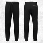 Black jogger sweatpants shown from both the front and back views against a light grey textured background.