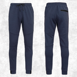 Front and back views of navy blue jogger sweatpants with a drawstring waist, elastic cuffs, and a zippered pocket on the back, shown against a light grey textured background.