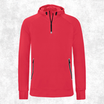 A bright red long-sleeve athletic pullover hoodie with a half-zip neckline, black drawstrings, and zippered hand pockets, shown against a light gray textured background.
