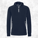A dark navy blue athletic pullover hoodie with a half-zip neckline, white drawstrings, and white zipper accents on the sides, displayed against a light gray textured background.