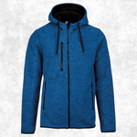 A blue heathered zip-up hoodie jacket with black drawstrings, a black front zipper, and black side zip pockets, shown against a light grey textured background.