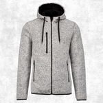A light grey heathered zip-up hoodie jacket with black drawstrings, a black front zipper, and black side zip pockets, shown against a textured light grey background.