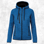 A women's full-zip hooded jacket in a heathered blue fabric with black zippers, drawstrings, and a black interior hood lining, shown against a light grey textured background.