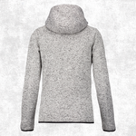 A light grey heathered knit hoodie shown from the back, displayed on a textured light grey background.