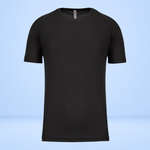 A black short-sleeve athletic t-shirt with raglan sleeves, displayed on a light blue gradient background.