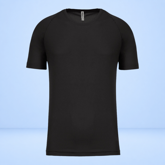 A black short-sleeve athletic t-shirt with raglan sleeves, displayed on a light blue gradient background.