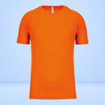 A bright orange short-sleeve crewneck athletic t-shirt displayed on a light blue gradient background.