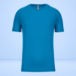 A short-sleeve athletic t-shirt in a vibrant teal blue color, displayed on a light blue gradient background.