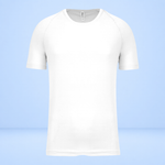 A plain white short-sleeve crewneck athletic shirt with raglan sleeves, shown against a light blue gradient background.