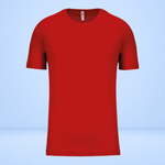 A bright red short-sleeve crewneck t-shirt displayed on a light blue gradient background.