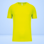 A bright yellow short-sleeve athletic t-shirt with raglan sleeves, displayed on a light blue gradient background.