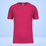 A bright pink short-sleeve athletic t-shirt with raglan sleeves, displayed on a light blue gradient background.