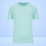 A light mint green short-sleeve athletic t-shirt with raglan sleeves, displayed on a clean light blue gradient background.