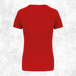A bright red short-sleeve crewneck t-shirt shown from the back, displayed on a light gray textured background.